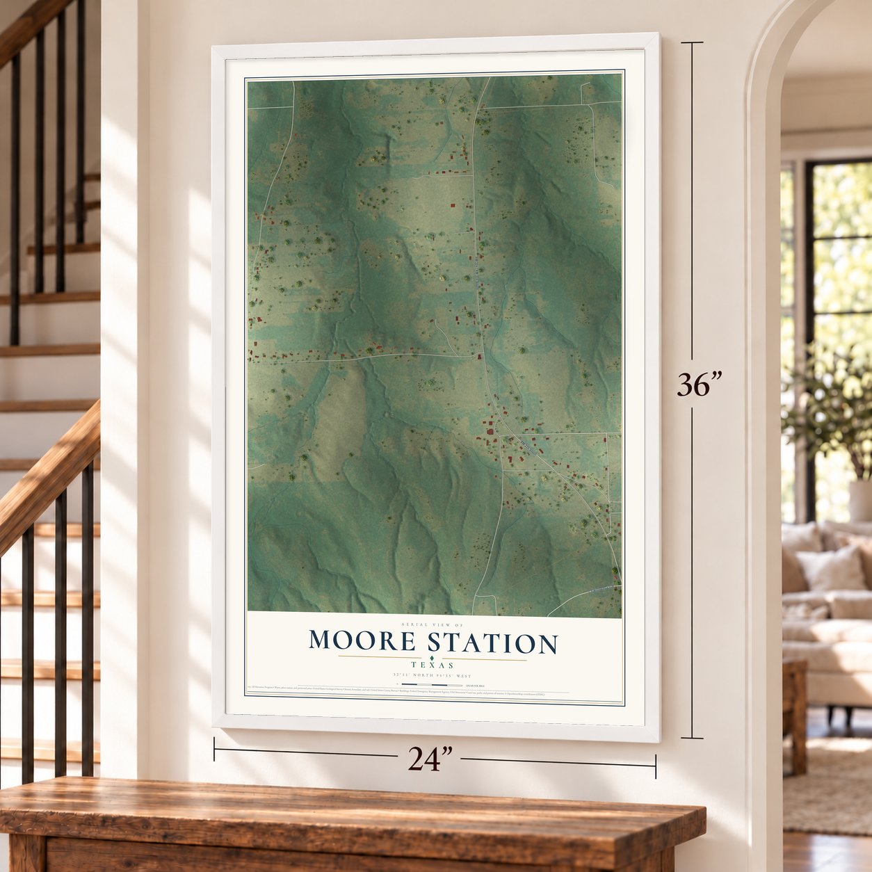 Moore Station, Texas map, 24 x 36 inch print in a white frame by a staircase