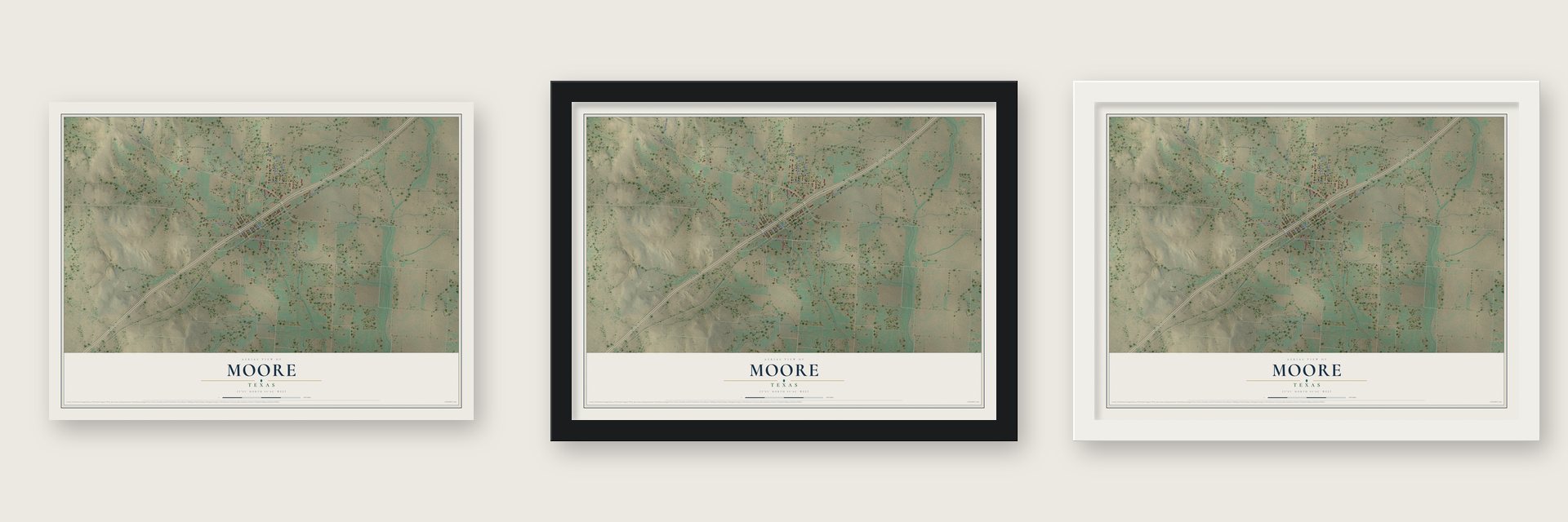 Moore, Texas map unframed, in a black wood frame and in a white wood frame