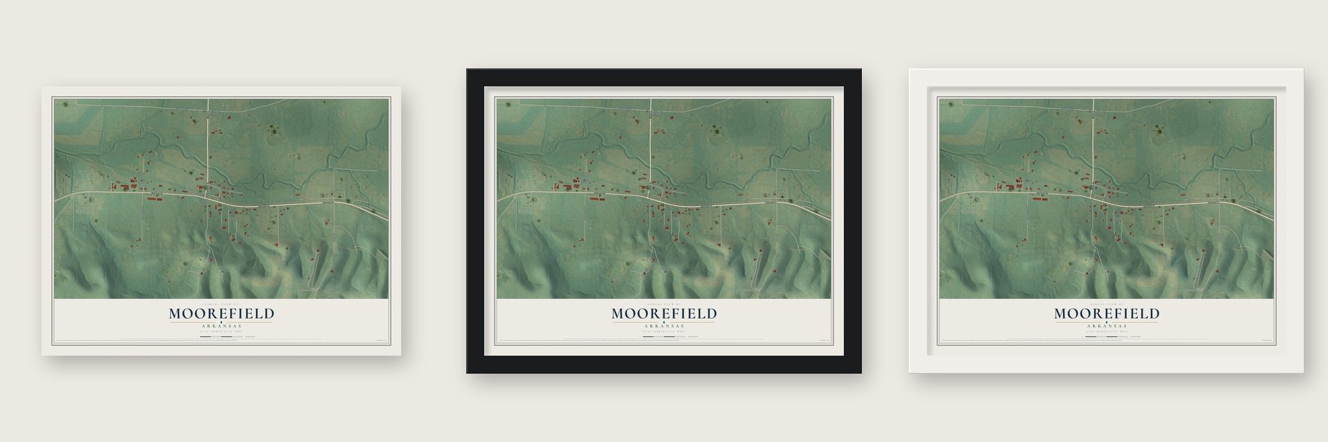 Moorefield, Arkansas map unframed, in a black wood frame and in a white wood frame