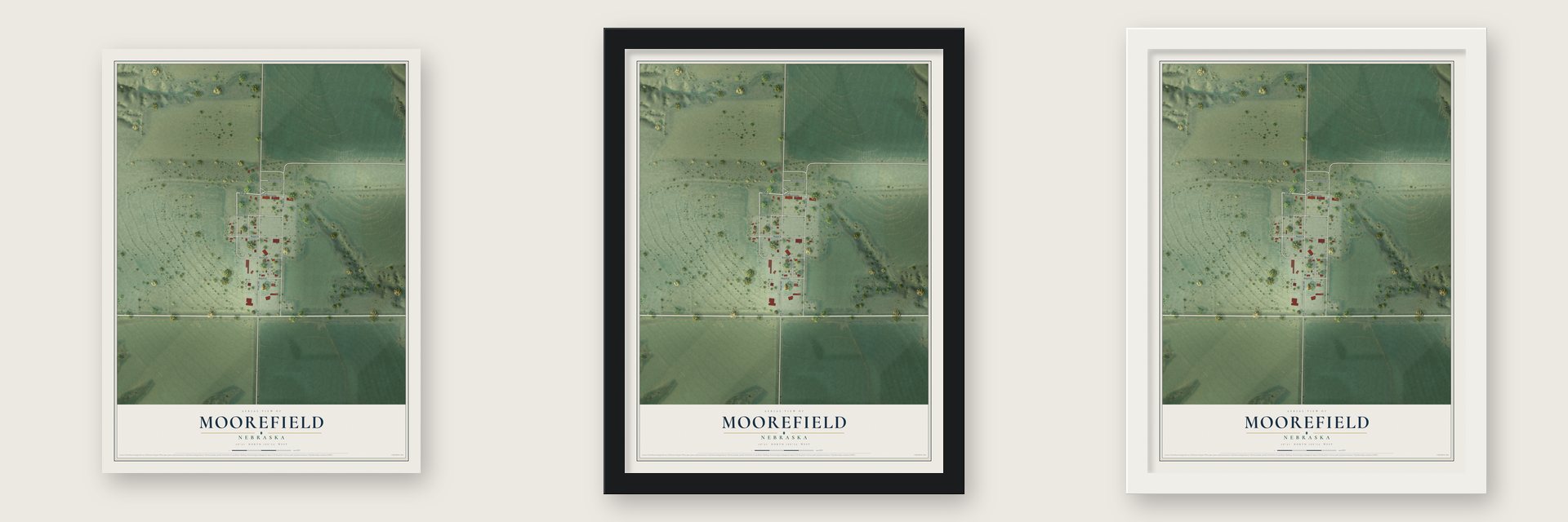 Moorefield, Nebraska map unframed, in a black wood frame and in a white wood frame