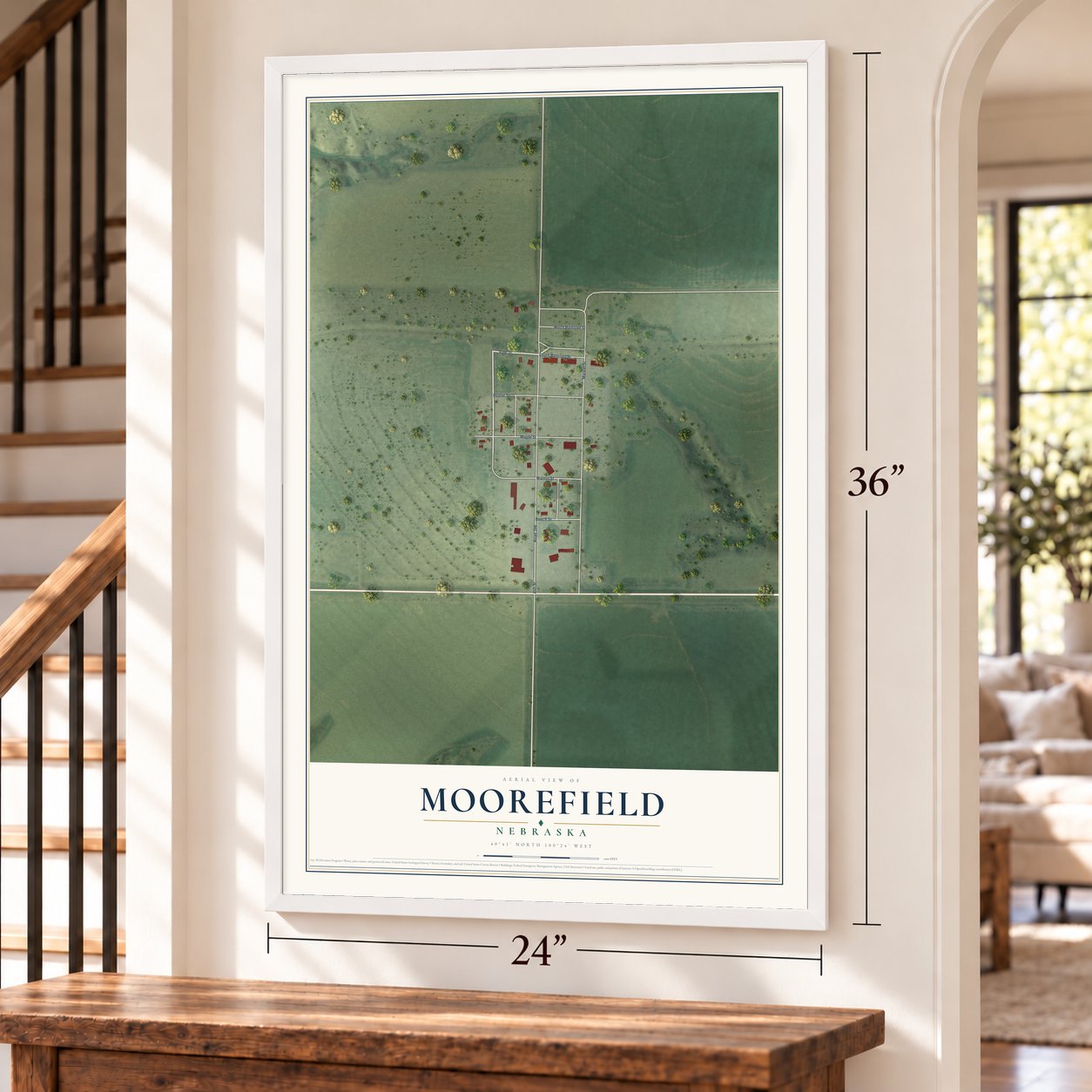 Moorefield, Nebraska map, 24 x 36 inch print in a white frame by a staircase