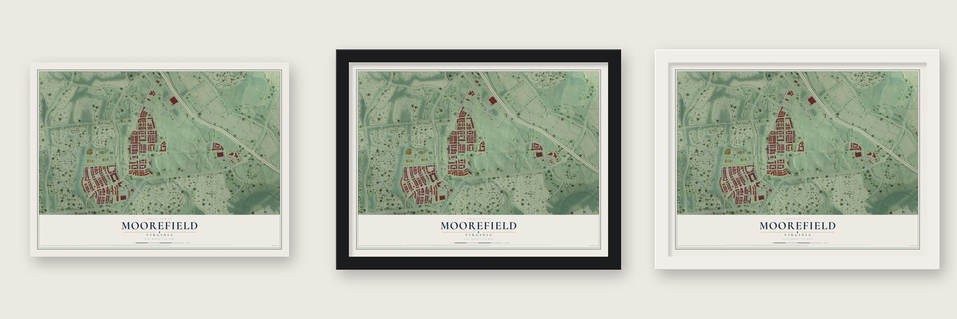 Moorefield, Virginia map unframed, in a black wood frame and in a white wood frame