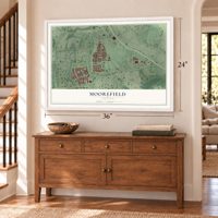 Moorefield, Virginia map, 24 x 36 inch print in a white frame above a dresser by a staircase