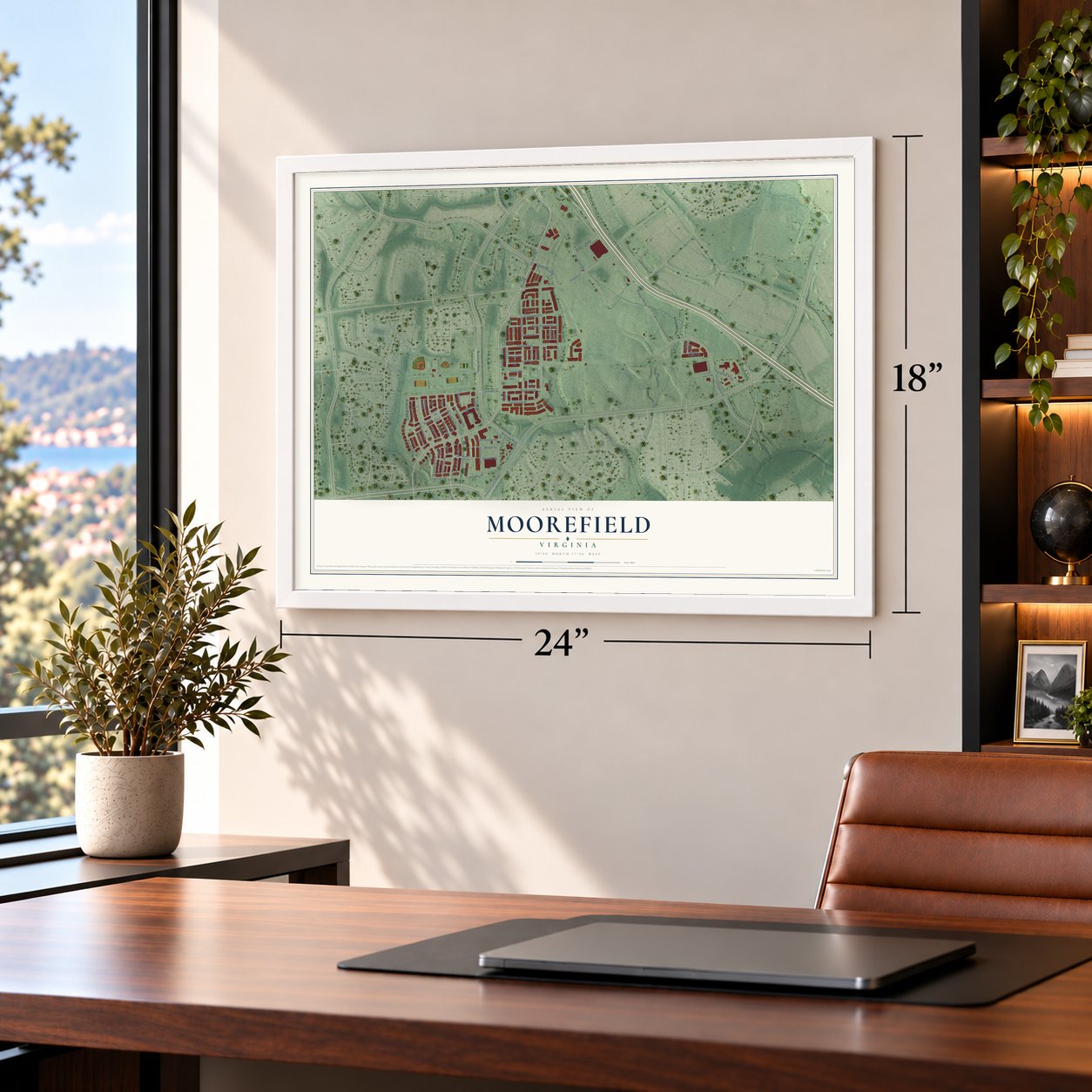 Moorefield, Virginia map, 18 x 24 inch print in a white frame in a home office