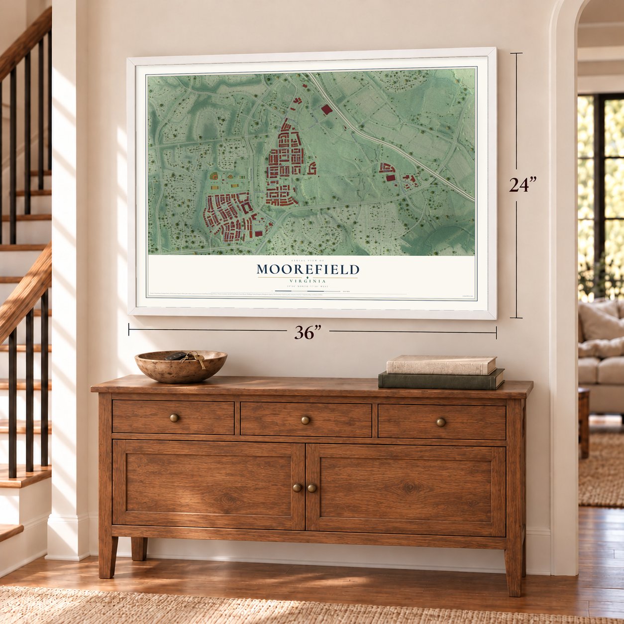 Moorefield, Virginia map, 24 x 36 inch print in a white frame above a dresser by a staircase