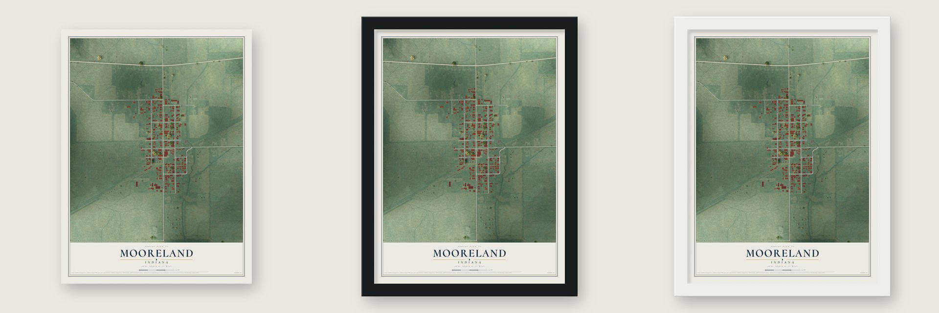 Mooreland, Indiana map unframed, in a black wood frame and in a white wood frame