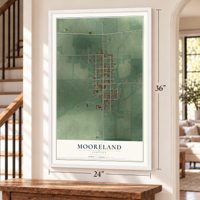Mooreland, Indiana map, 24 x 36 inch print in a white frame by a staircase