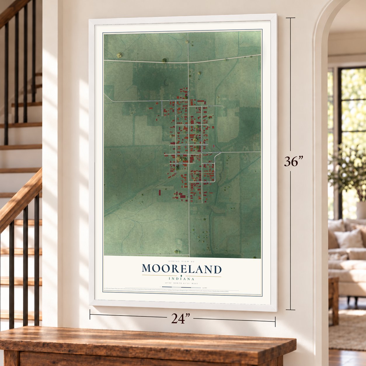 Mooreland, Indiana map, 24 x 36 inch print in a white frame by a staircase