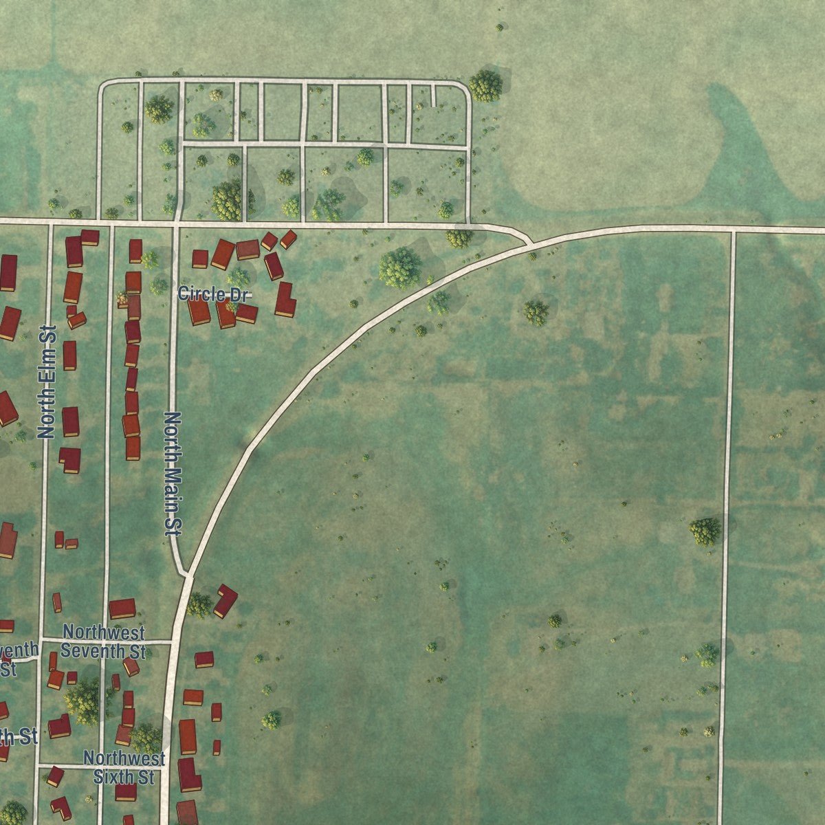 Second close-up of the map of Mooreland, Oklahoma print showing more streets and buildings