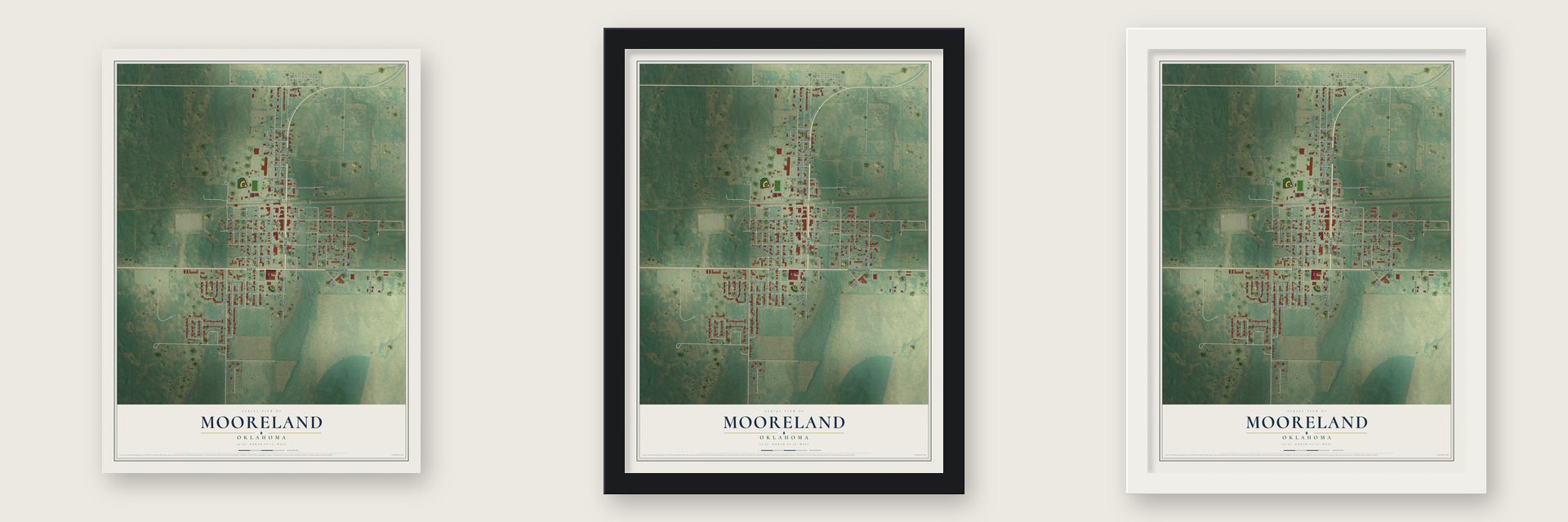 Mooreland, Oklahoma map unframed, in a black wood frame and in a white wood frame
