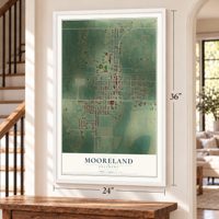 Mooreland, Oklahoma map, 24 x 36 inch print in a white frame by a staircase