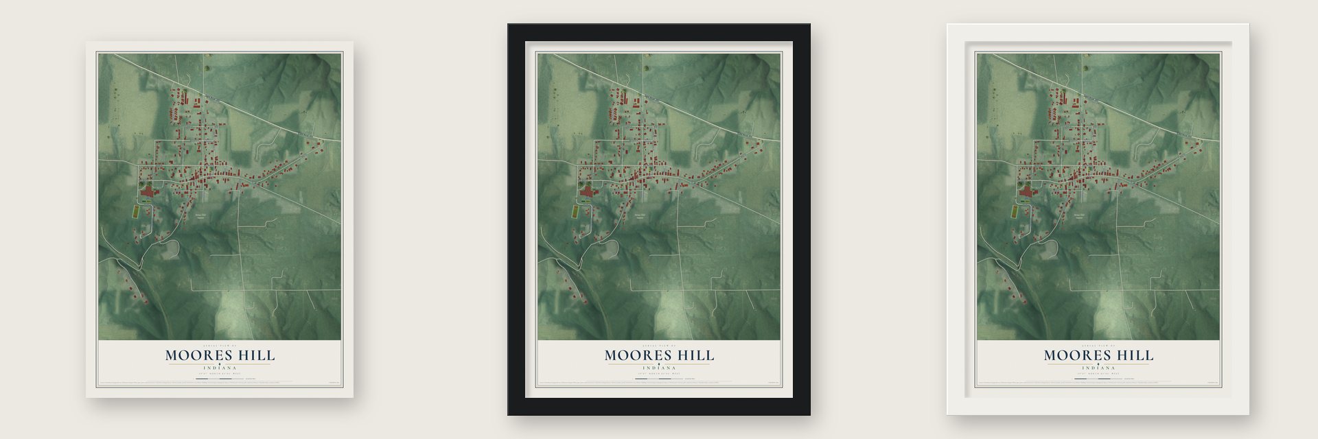 Moores Hill, Indiana map unframed, in a black wood frame and in a white wood frame