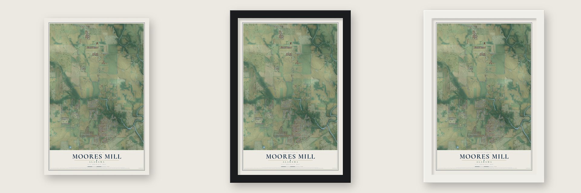 Moores Mill, Alabama map unframed, in a black wood frame and in a white wood frame