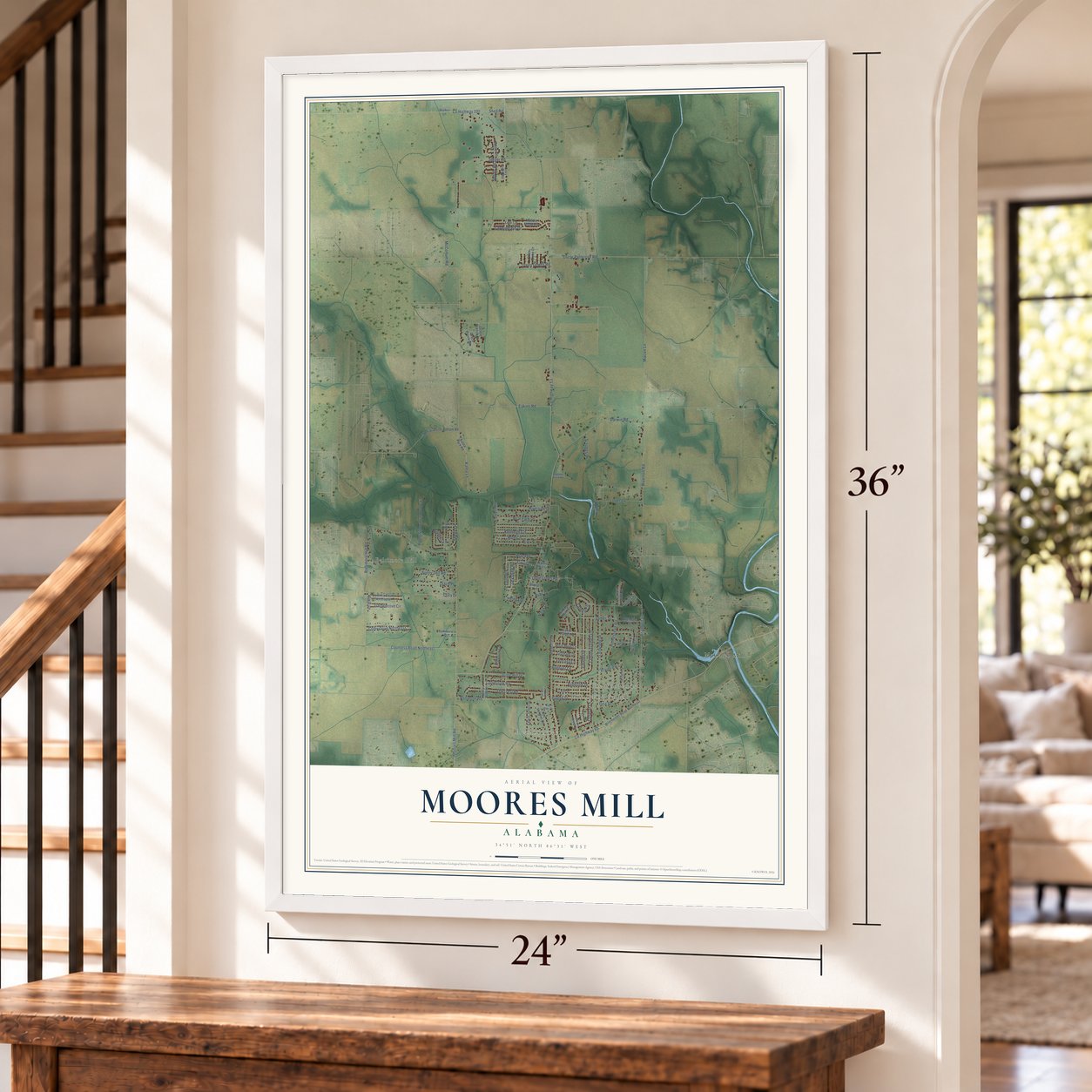 Moores Mill, Alabama map, 24 x 36 inch print in a white frame by a staircase
