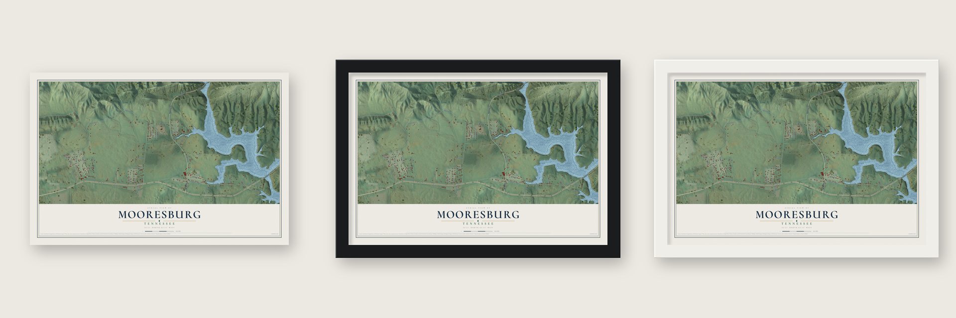 Mooresburg, Tennessee map unframed, in a black wood frame and in a white wood frame