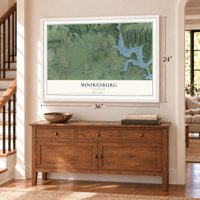 Mooresburg, Tennessee map, 24 x 36 inch print in a white frame above a dresser by a staircase