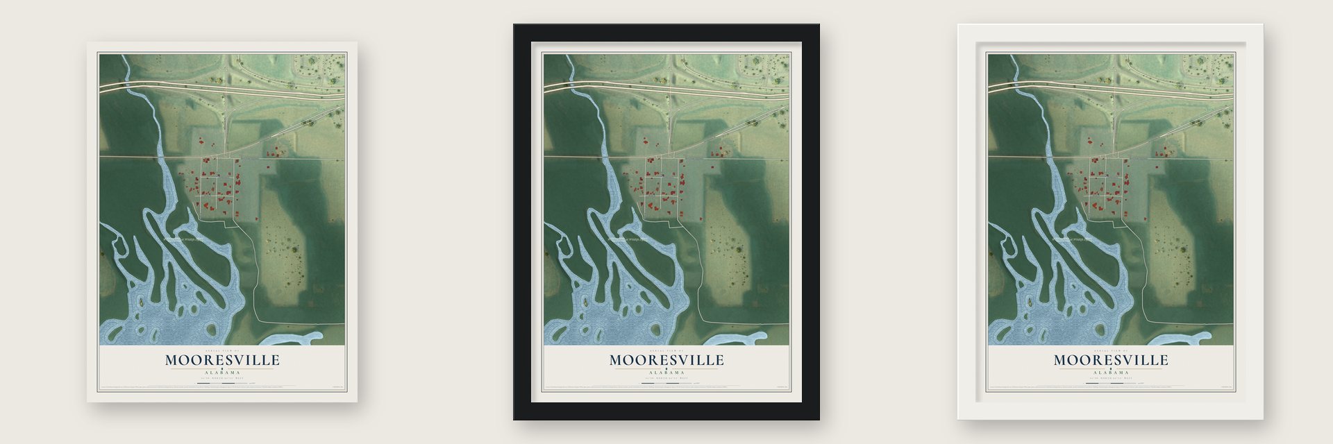 Mooresville, Alabama map unframed, in a black wood frame and in a white wood frame
