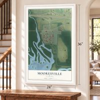 Mooresville, Alabama map, 24 x 36 inch print in a white frame by a staircase