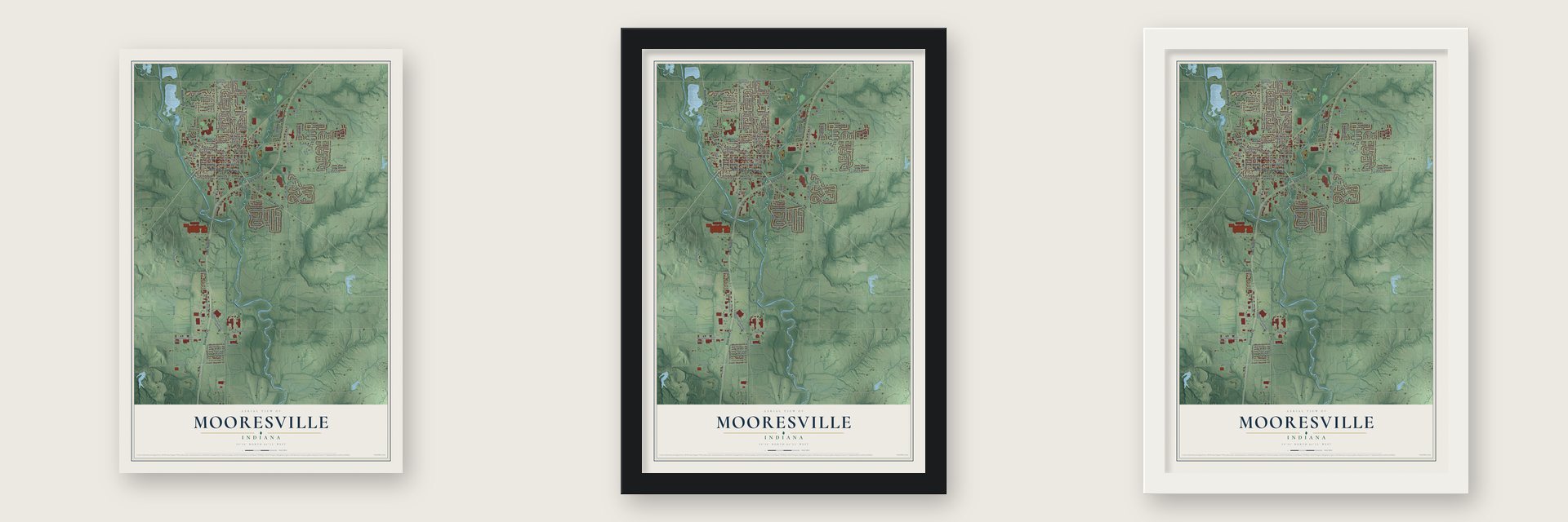 Mooresville, Indiana map unframed, in a black wood frame and in a white wood frame