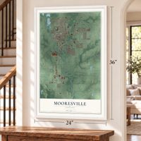Mooresville, Indiana map, 24 x 36 inch print in a white frame by a staircase