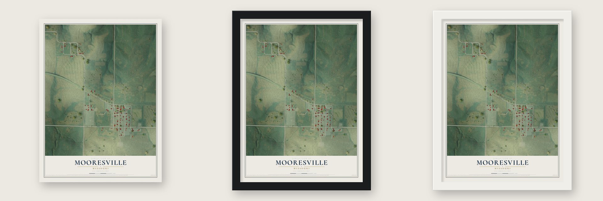 Mooresville, Missouri map unframed, in a black wood frame and in a white wood frame