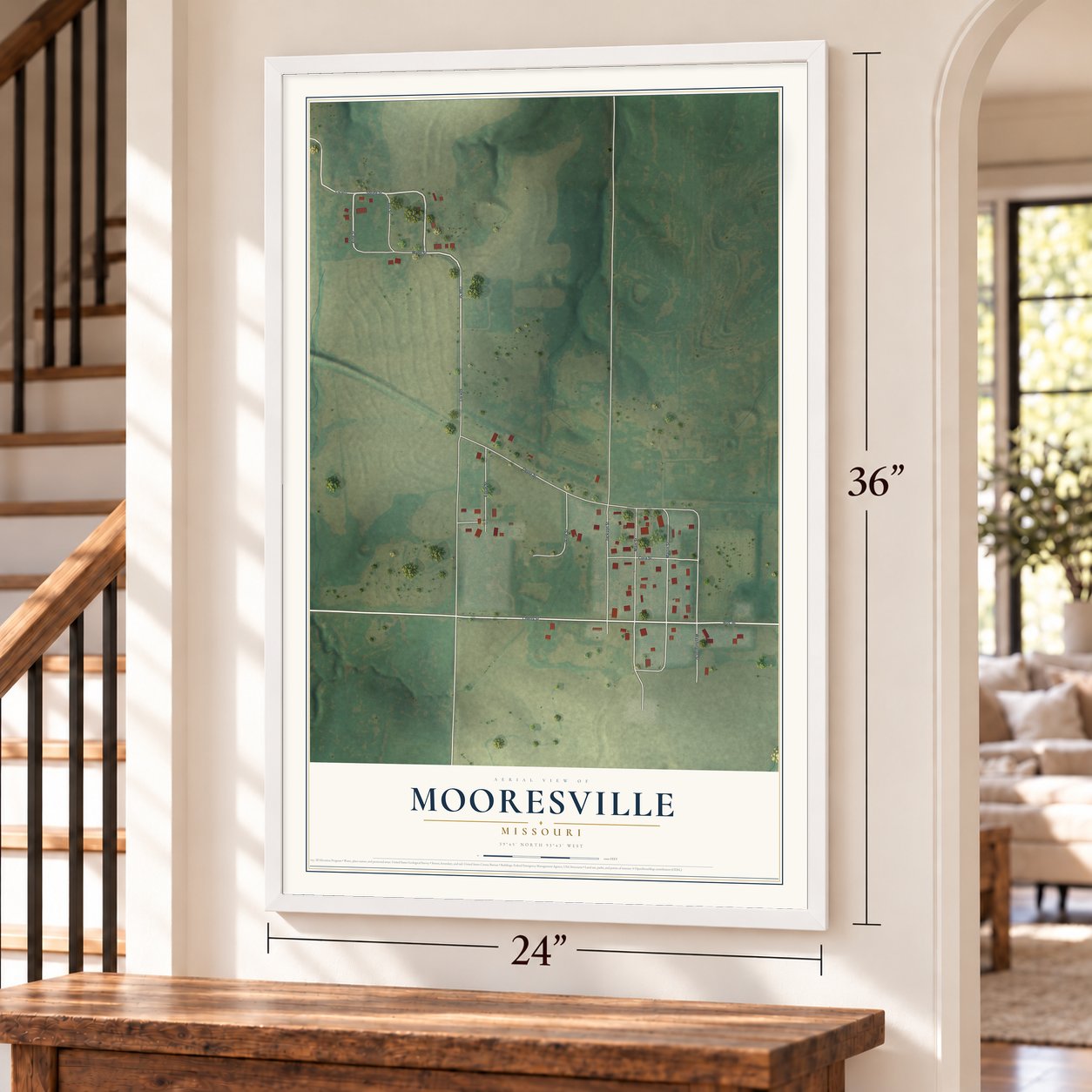 Mooresville, Missouri map, 24 x 36 inch print in a white frame by a staircase