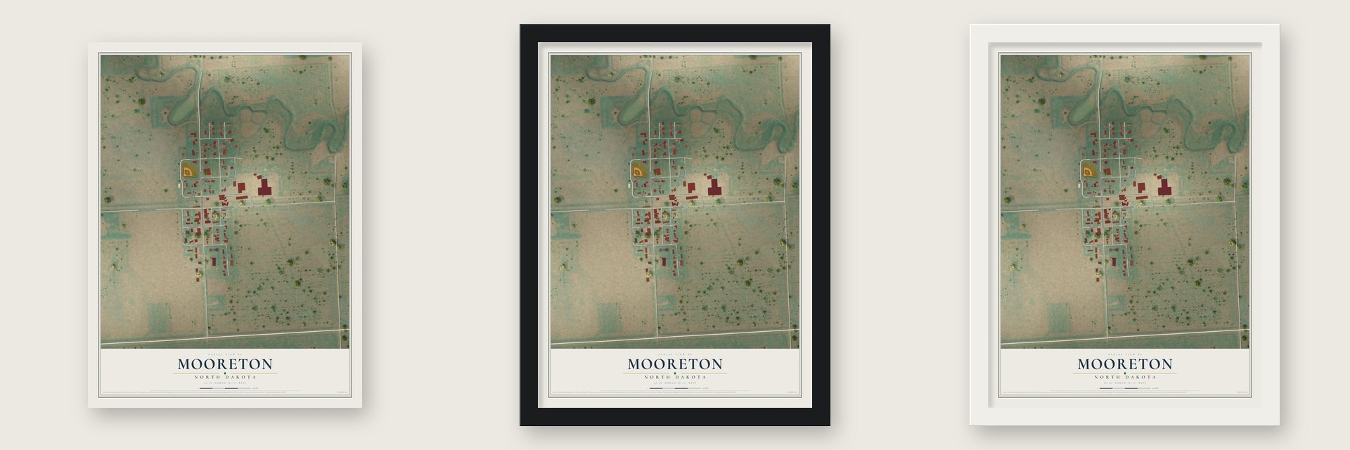 Mooreton, North Dakota map unframed, in a black wood frame and in a white wood frame
