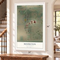 Mooreton, North Dakota map, 24 x 36 inch print in a white frame by a staircase