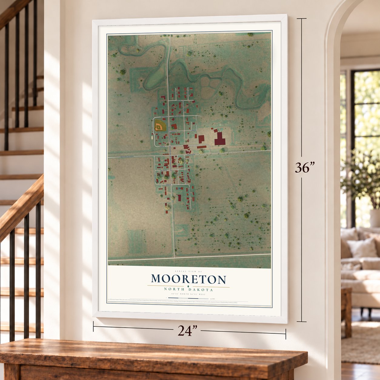 Mooreton, North Dakota map, 24 x 36 inch print in a white frame by a staircase