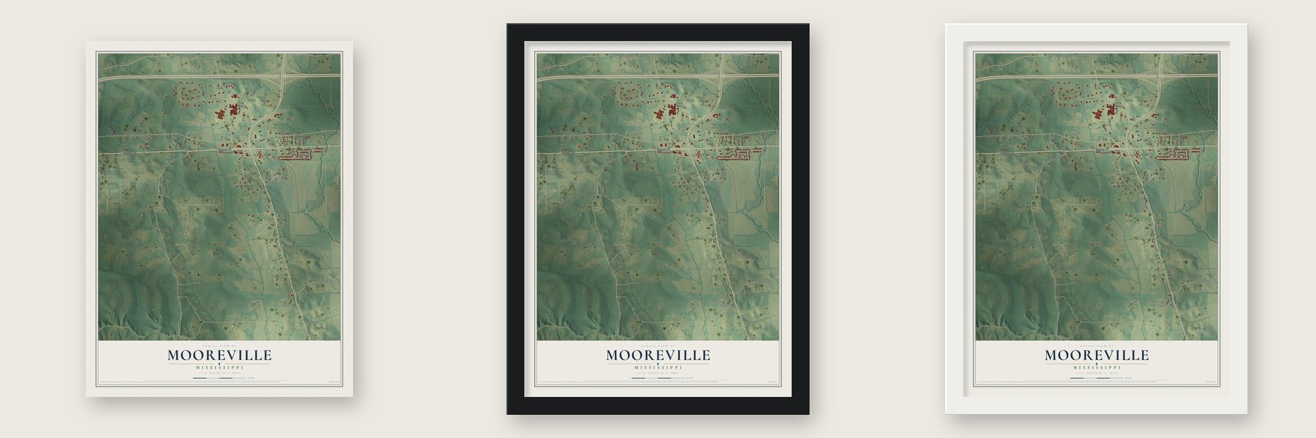 Mooreville, Mississippi map unframed, in a black wood frame and in a white wood frame