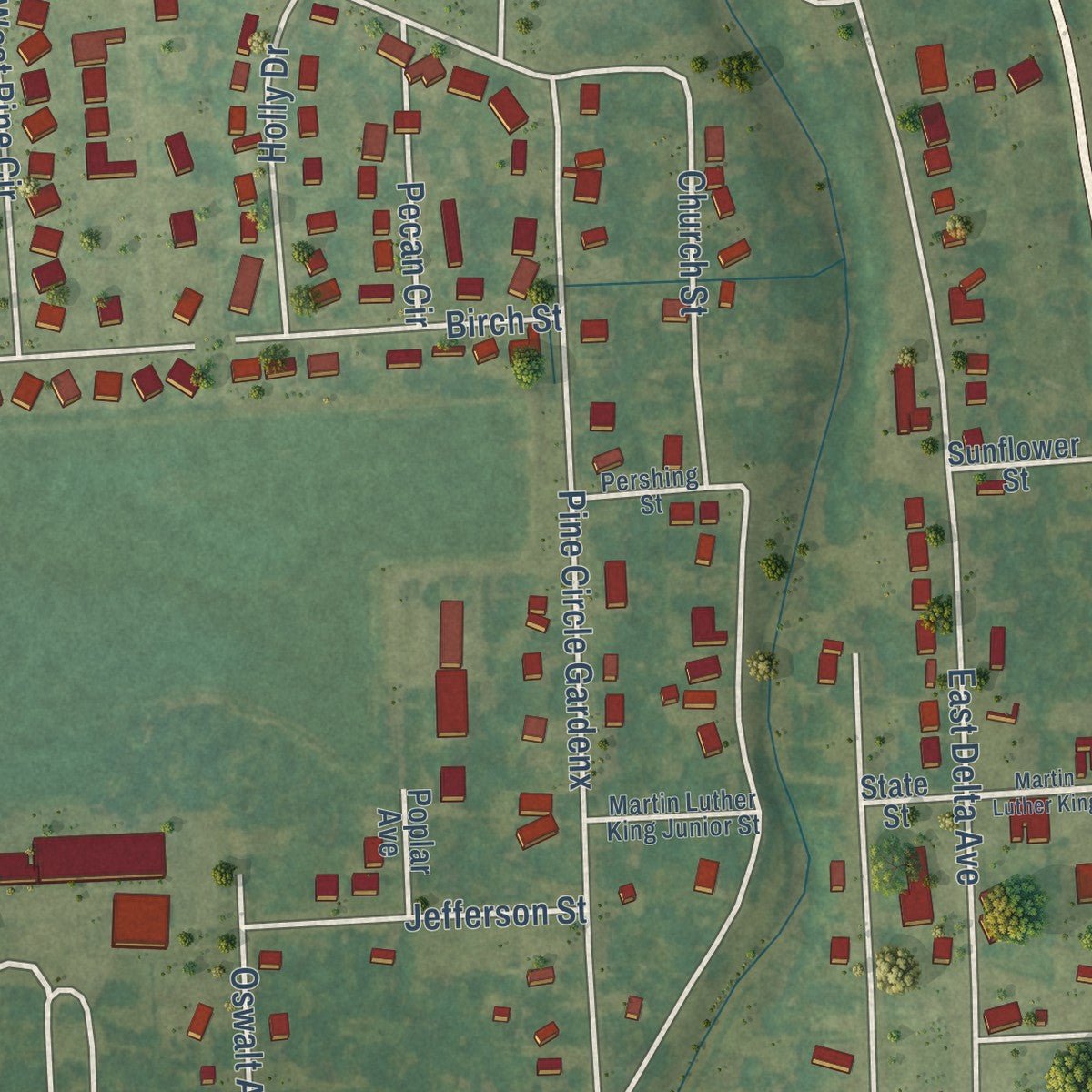 Second close-up of the map of Moorhead, Mississippi print showing more streets and buildings
