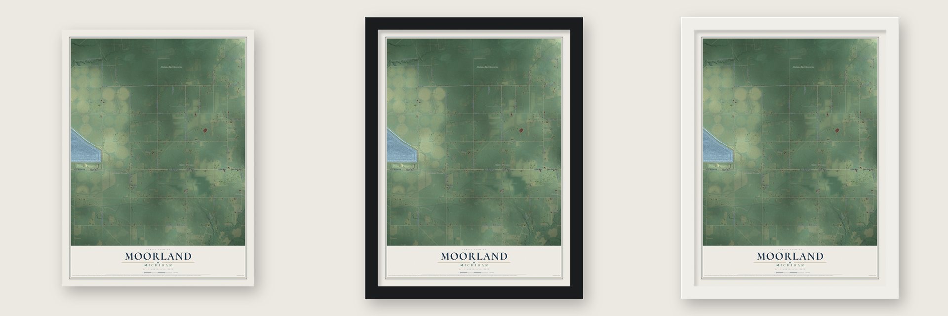 Moorland, Michigan map unframed, in a black wood frame and in a white wood frame