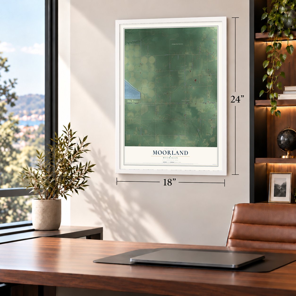 Moorland, Michigan map, 18 x 24 inch print in a white frame in a home office