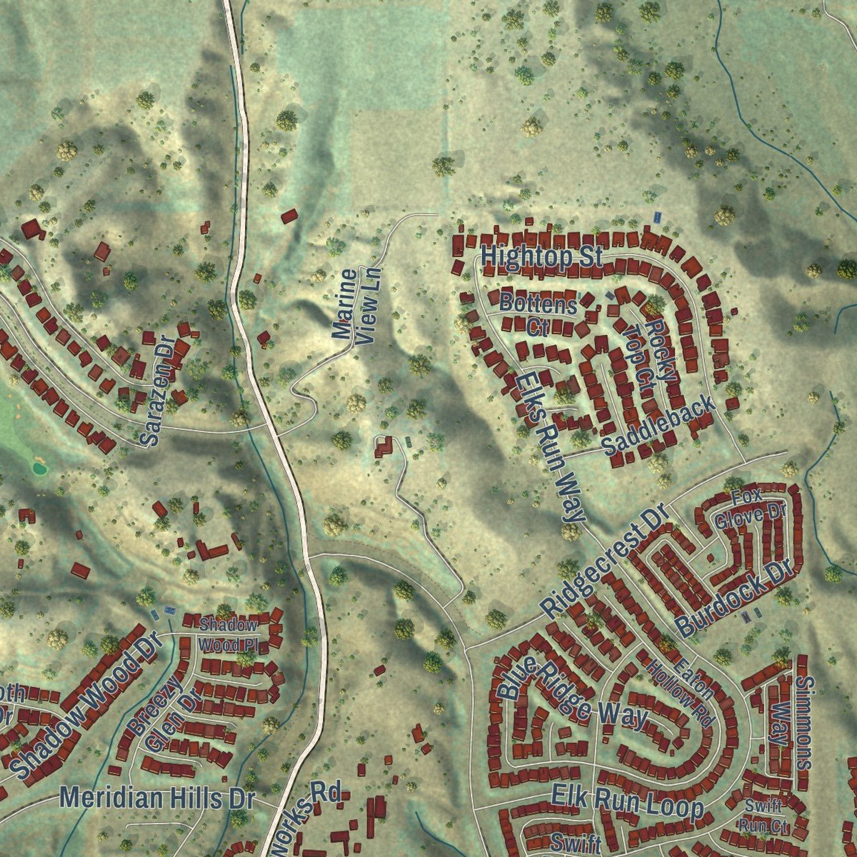 Second close-up of the map of Moorpark, California print showing more streets and buildings