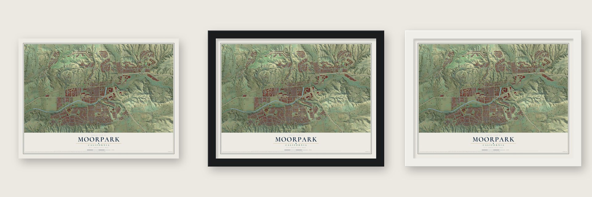 Moorpark, California map unframed, in a black wood frame and in a white wood frame