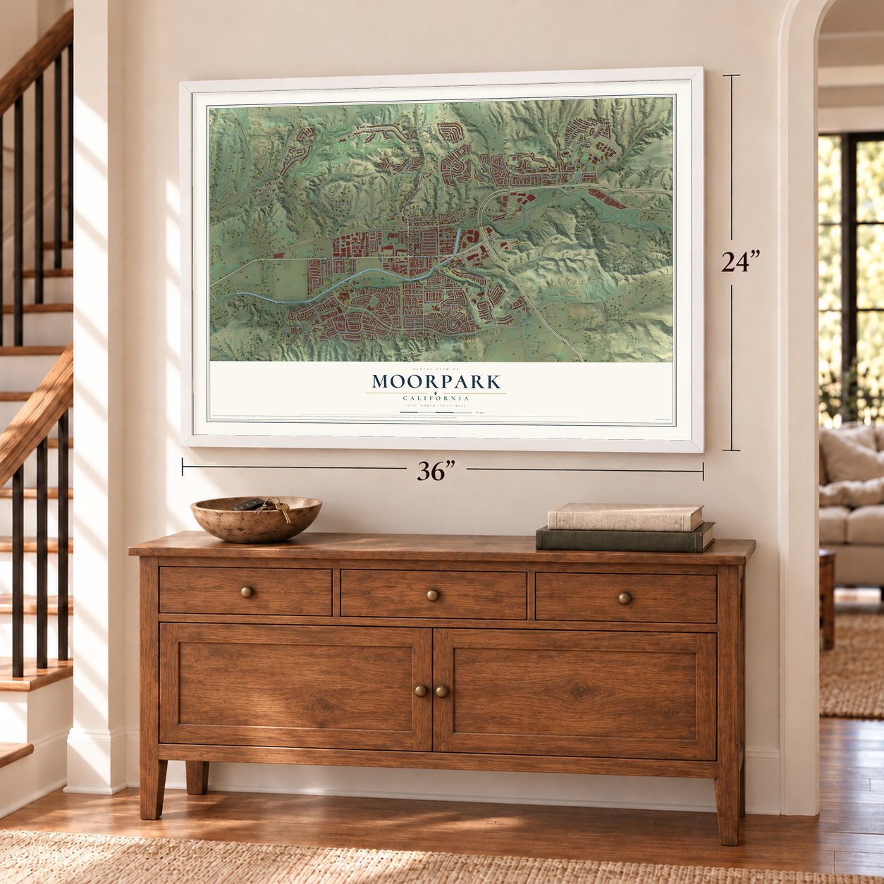 Moorpark, California map, 24 x 36 inch print in a white frame above a dresser by a staircase