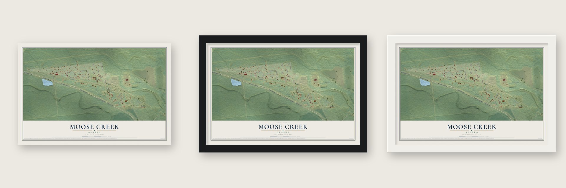 Moose Creek, Alaska map unframed, in a black wood frame and in a white wood frame