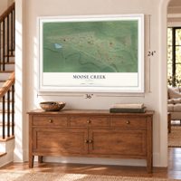 Moose Creek, Alaska map, 24 x 36 inch print in a white frame above a dresser by a staircase