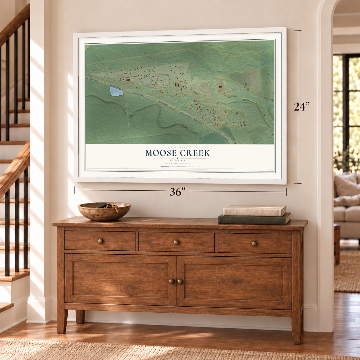 Moose Creek, Alaska map, 24 x 36 inch print in a white frame above a dresser by a staircase