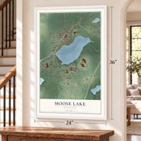 Moose Lake, Minnesota map, 24 x 36 inch print in a white frame by a staircase