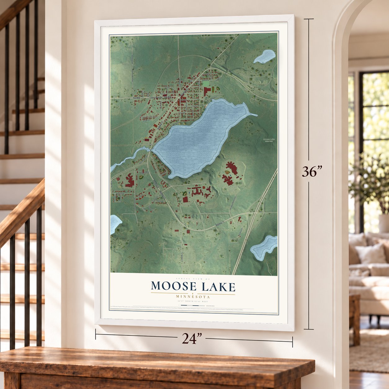 Moose Lake, Minnesota map, 24 x 36 inch print in a white frame by a staircase