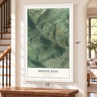 Moose Run, Pennsylvania map, 24 x 36 inch print in a white frame by a staircase