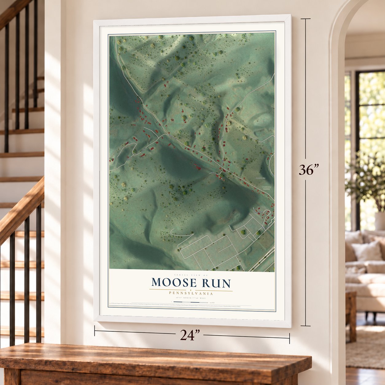 Moose Run, Pennsylvania map, 24 x 36 inch print in a white frame by a staircase