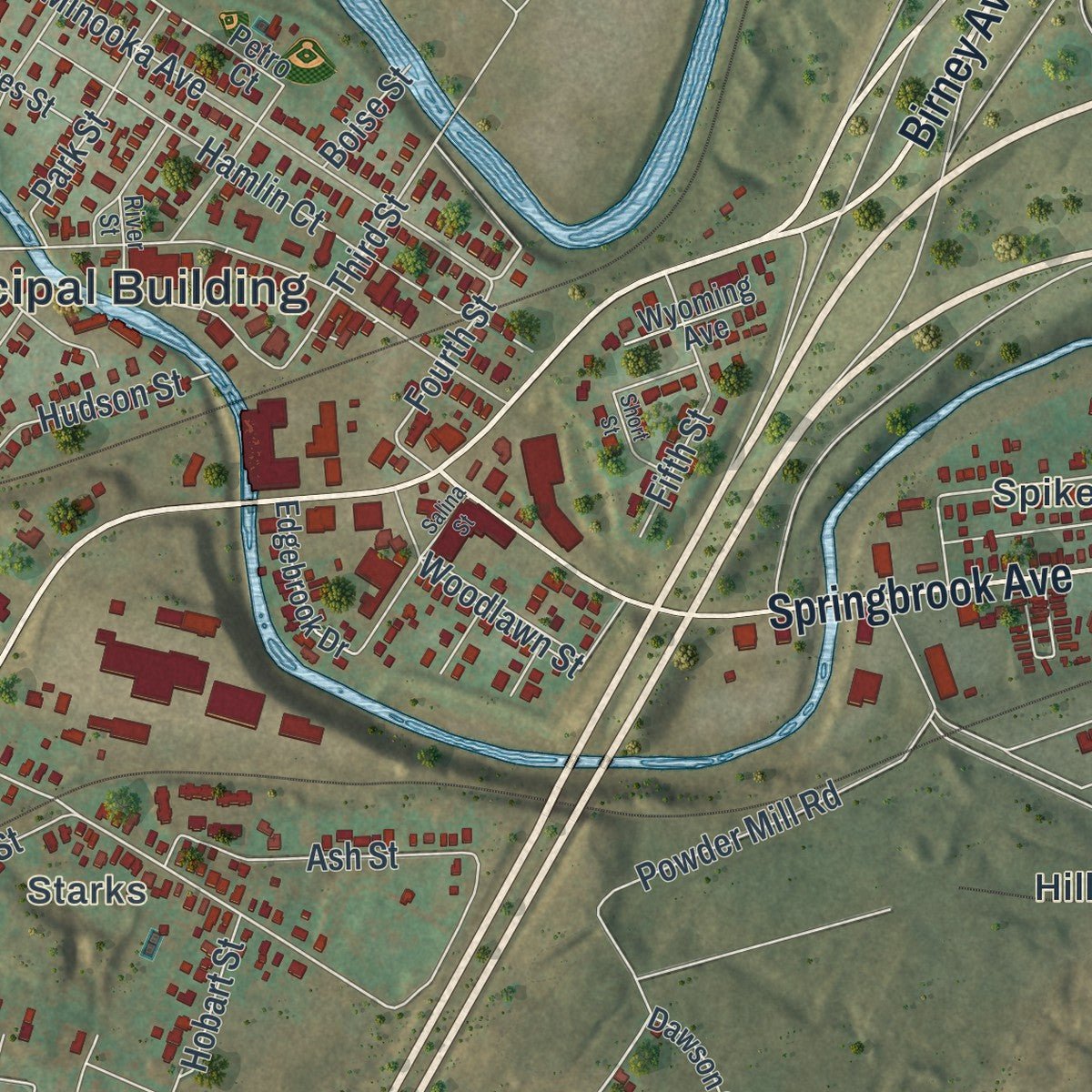 Second close-up of the map of Moosic, Pennsylvania print showing more streets and buildings