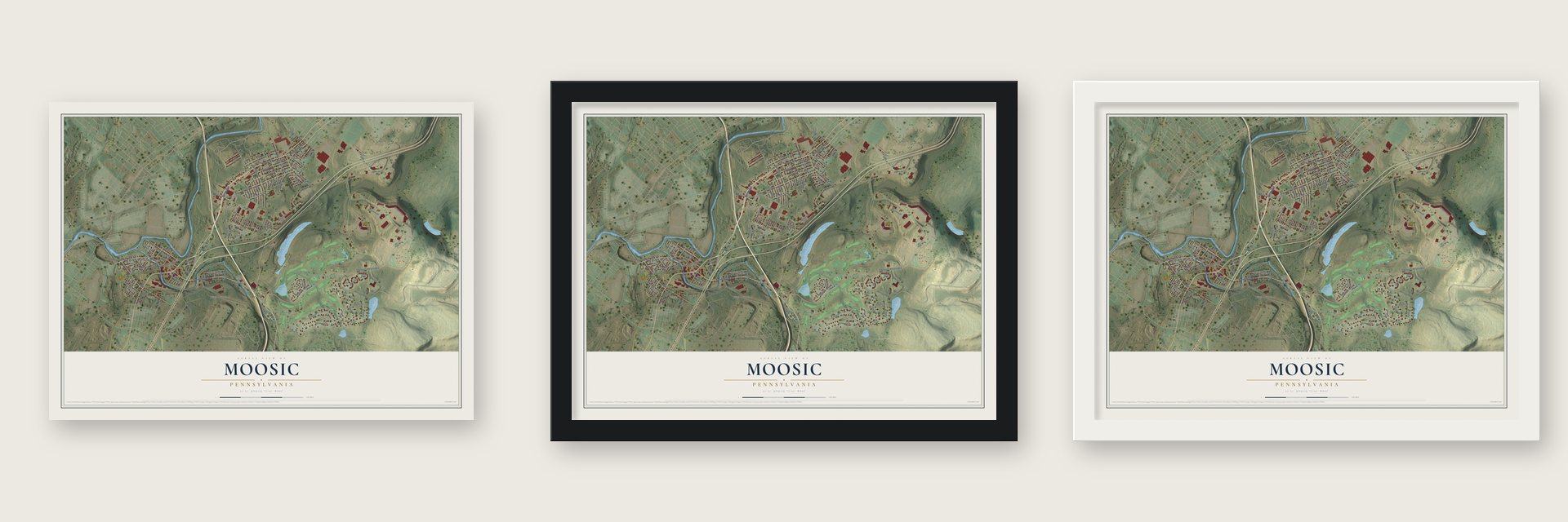 Moosic, Pennsylvania map unframed, in a black wood frame and in a white wood frame