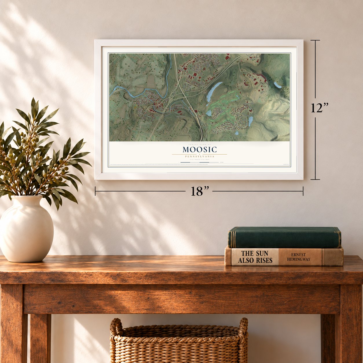Moosic, Pennsylvania map, 12 x 18 inch print in a white frame in an entryway