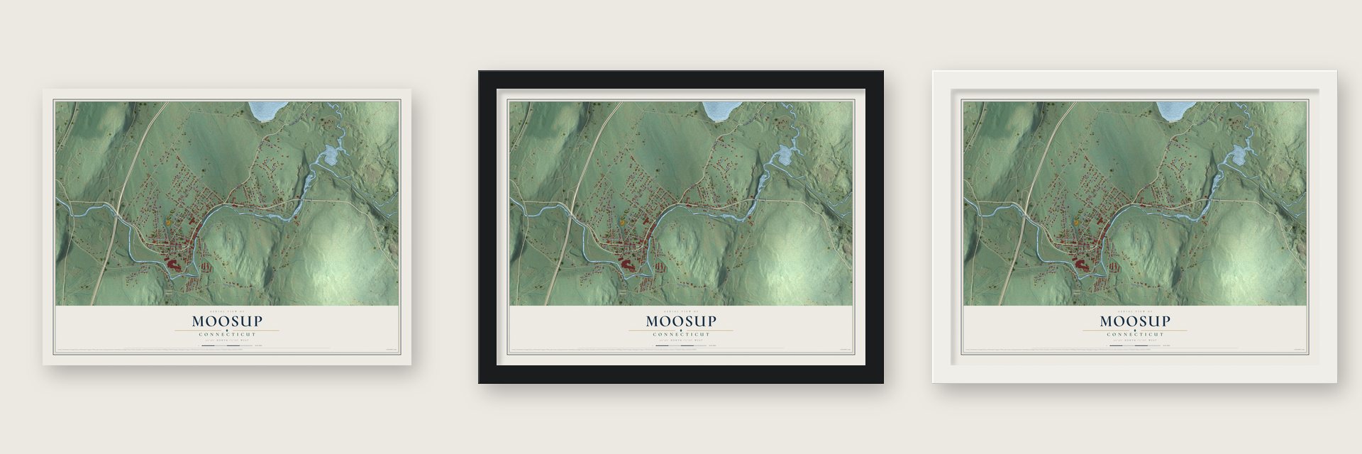 Moosup, Connecticut map unframed, in a black wood frame and in a white wood frame