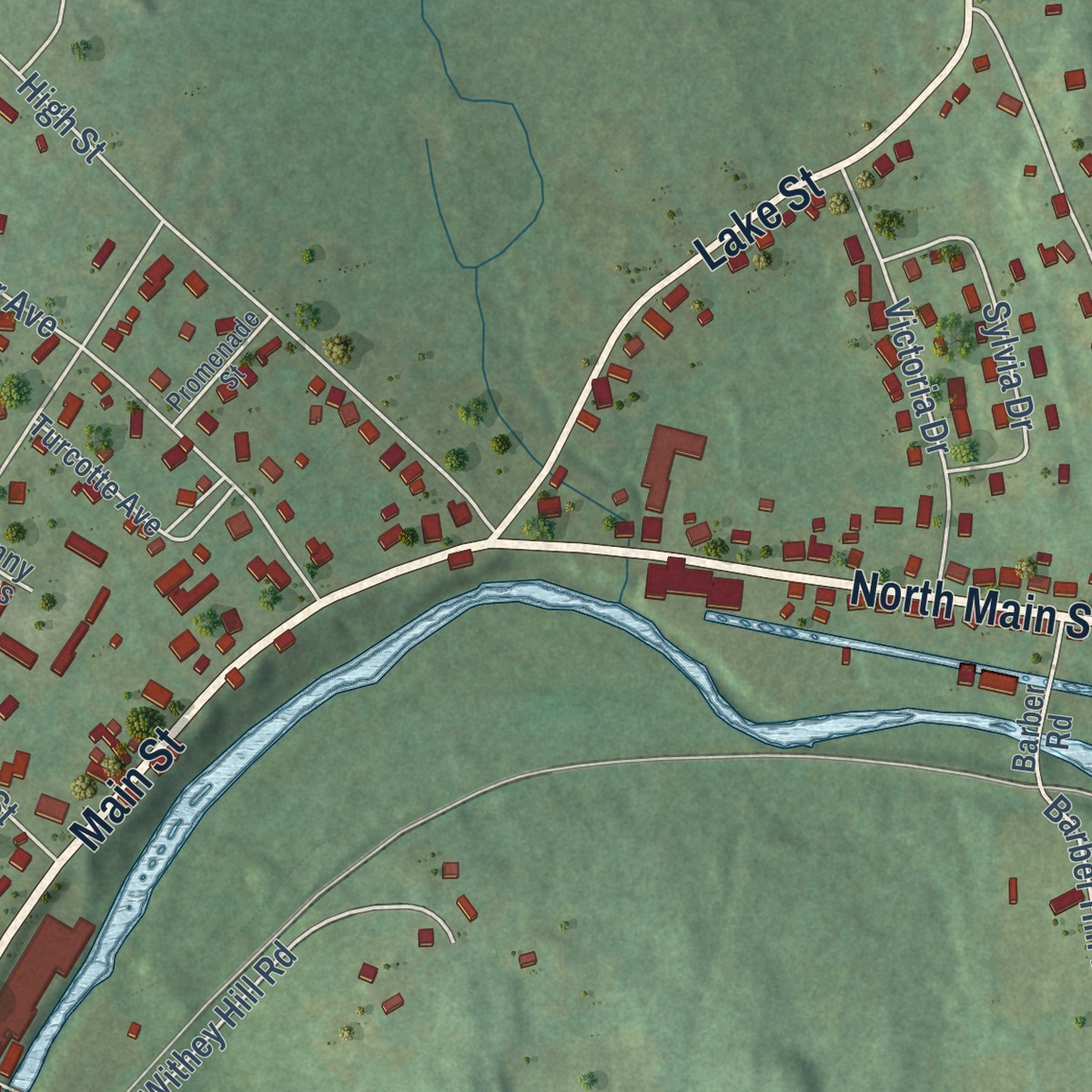 Second close-up of the map of Moosup, Connecticut print showing more streets and buildings