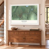 Moosup, Connecticut map, 24 x 36 inch print in a white frame above a dresser by a staircase