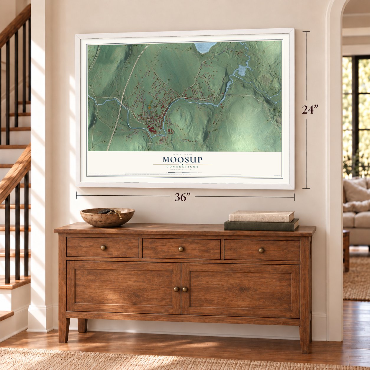 Moosup, Connecticut map, 24 x 36 inch print in a white frame above a dresser by a staircase